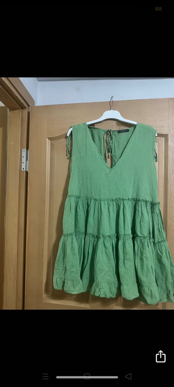 Kadın Keten Mini Elbise Volan Detaylı - Görsel 5