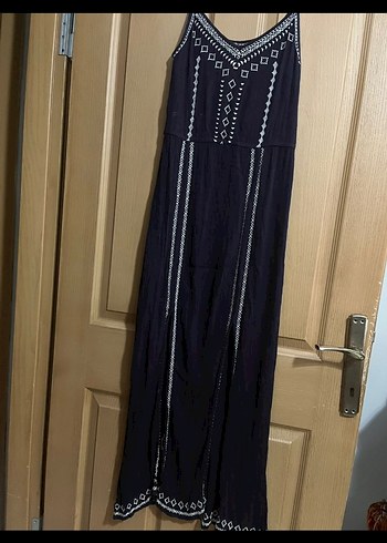 Nakışlı Boncuklu Lacivert Uzun Bohem Elbise - Görsel 5