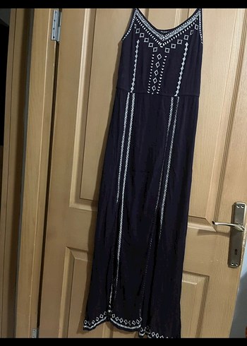 Nakışlı Boncuklu Lacivert Uzun Bohem Elbise - Görsel 7