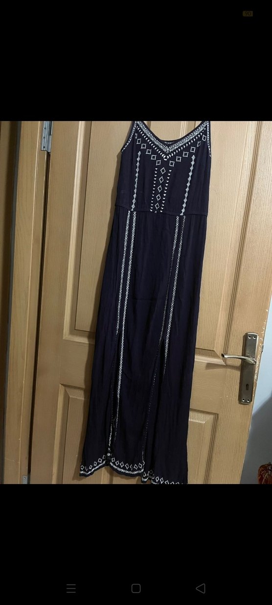 Nakışlı Boncuklu Lacivert Uzun Bohem Elbise - Görsel 5
