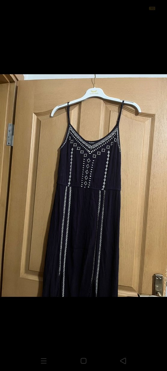 Nakışlı Boncuklu Lacivert Uzun Bohem Elbise - Görsel 2