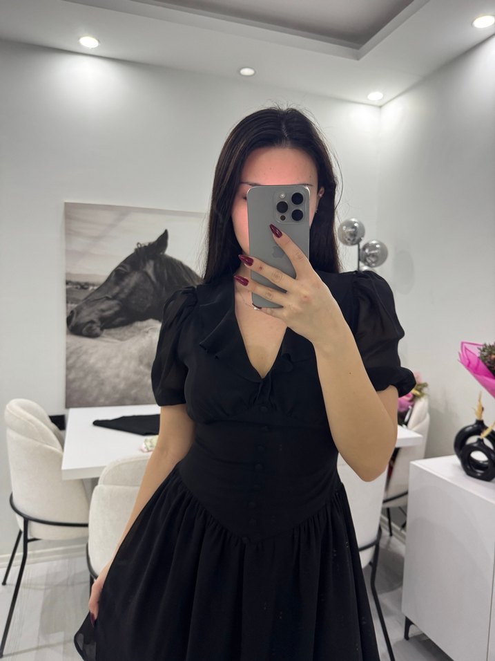 Siyah V Yaka Şifon Elbise - Görsel 3