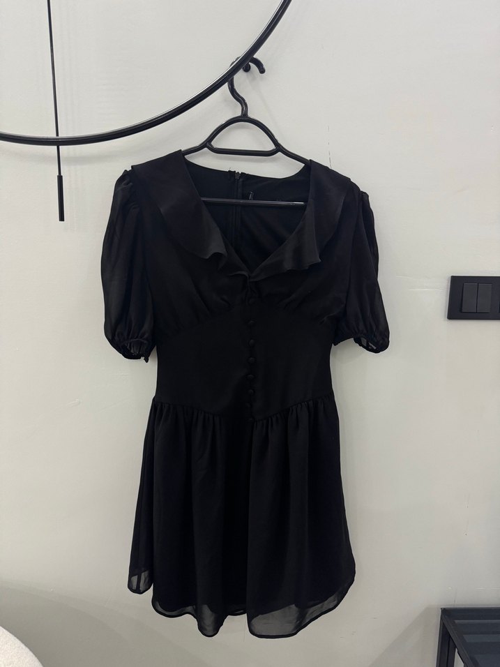 Siyah V Yaka Şifon Elbise - Görsel 5