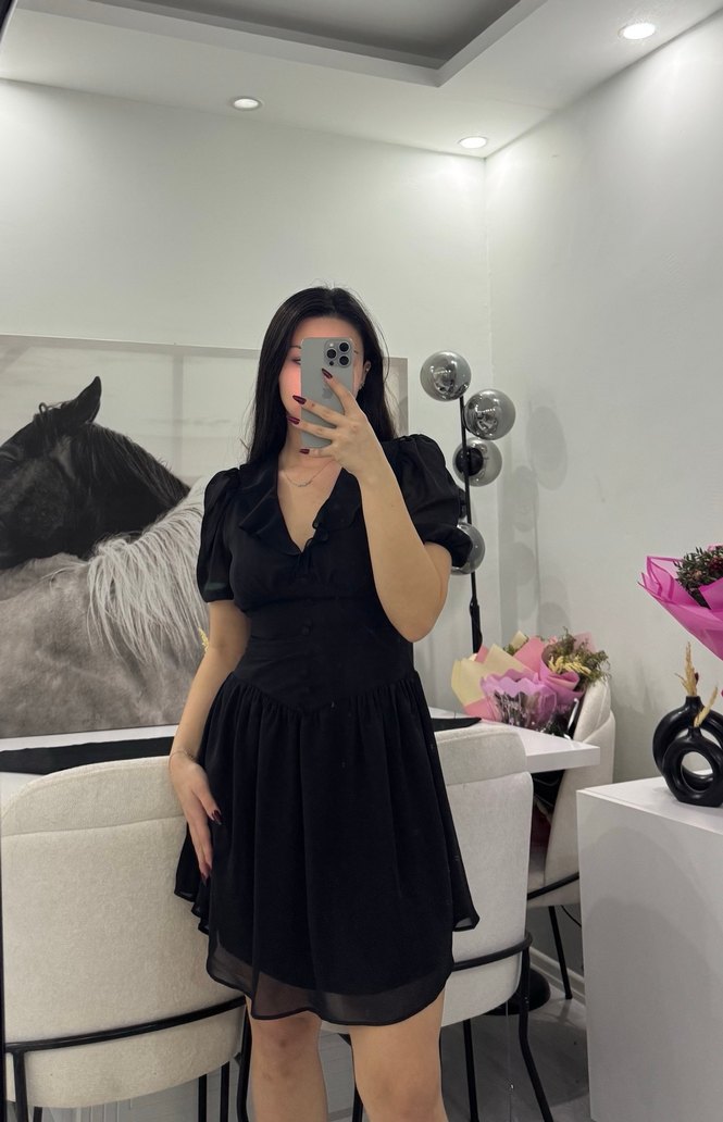 Siyah V Yaka Şifon Elbise - Görsel 4