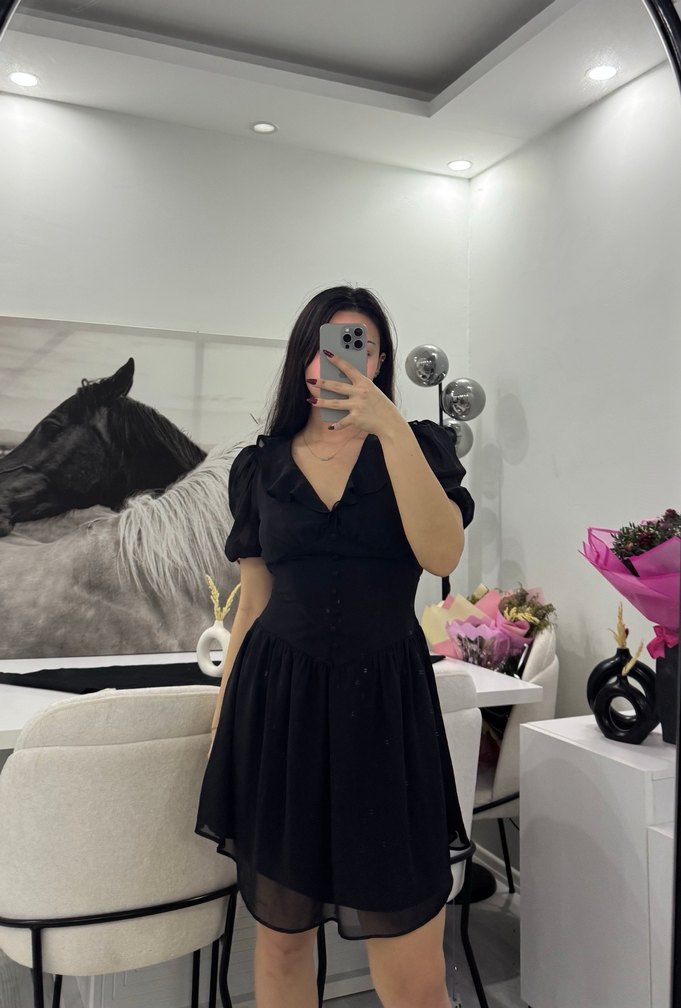 Siyah V Yaka Şifon Elbise - Görsel 2