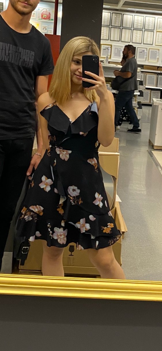 Siyah Çiçek Desenli Drapeli Mini Elbise - Görsel 2