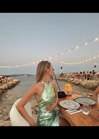 xs Beden altın Renk Parlak Altın Mini Straplez Elbise