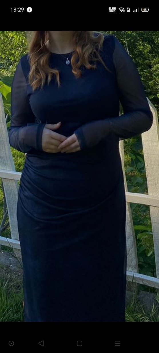 Lacivert Drapeli Uzun Kollu Uzun Elbise - Görsel 4