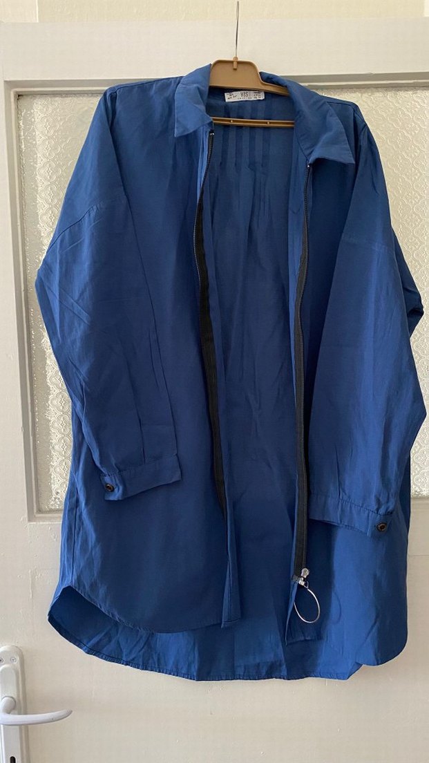 Parlak Mavi Uzun  Keten Ceket - Görsel 2