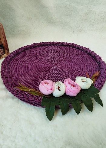 Çiçek Detaylı Mor Hasır Tepsi