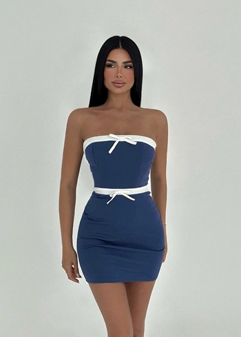 Navy Straplez Mini Denim Elbise - Görsel 2