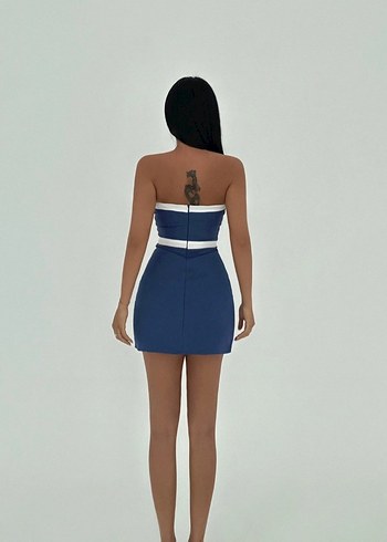 Navy Straplez Mini Denim Elbise - Görsel 3