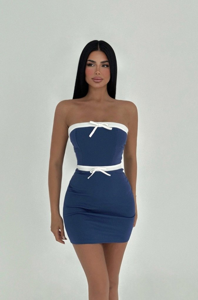 Navy Straplez Mini Denim Elbise - Görsel 2