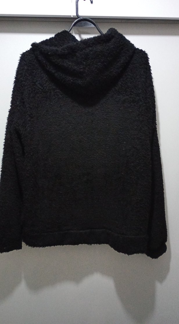 Siyah Kapüşonlu Kadın Peluş Ceket - Görsel 4