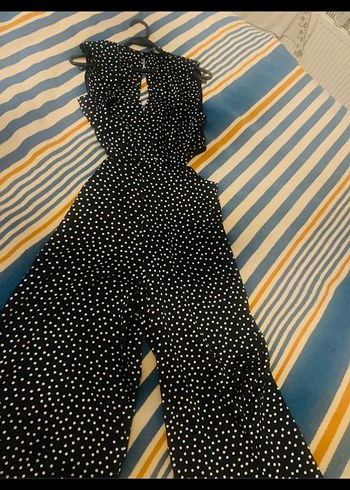 Kadın Siyah Puantiyeli Kemerli Uzun Tulum - Görsel 3