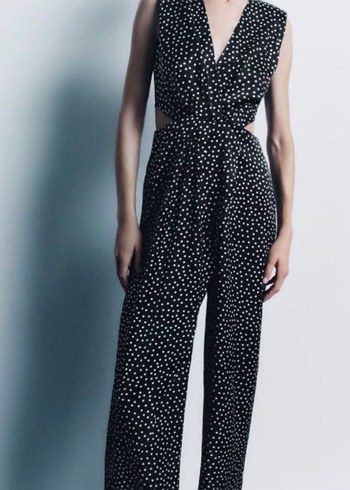 Kadın Siyah Puantiyeli Kemerli Uzun Tulum - Görsel 2