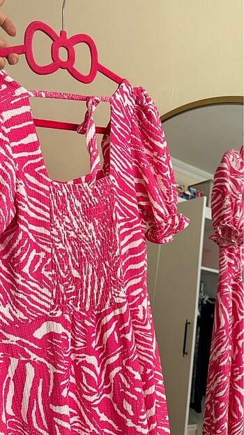  E.L.F Midi kare yaka zebra desen pembe elbise