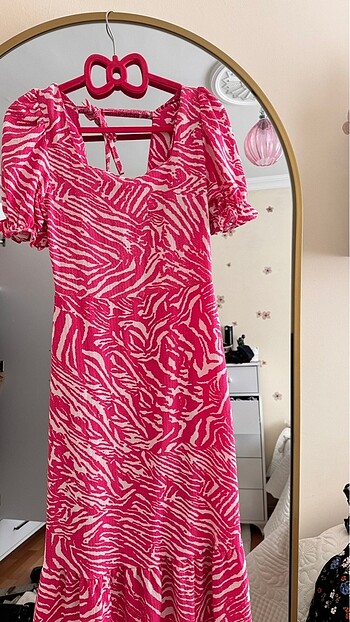 Midi kare yaka zebra desen pembe elbise