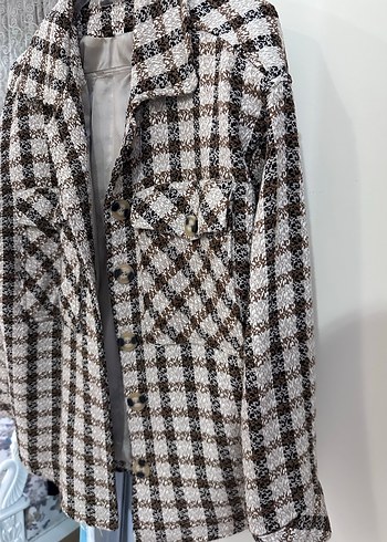 Düğmeli Kahverengi Kareli Midi Kadın ceket - Görsel 5