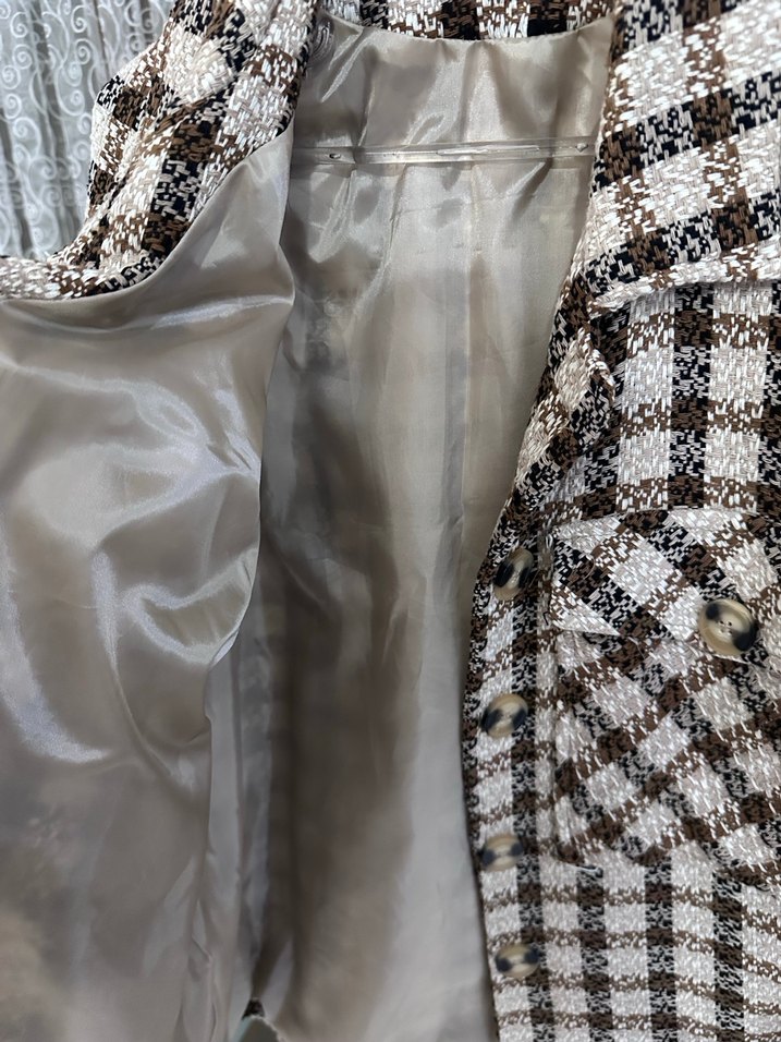 Düğmeli Kahverengi Kareli Midi Kadın ceket - Görsel 3