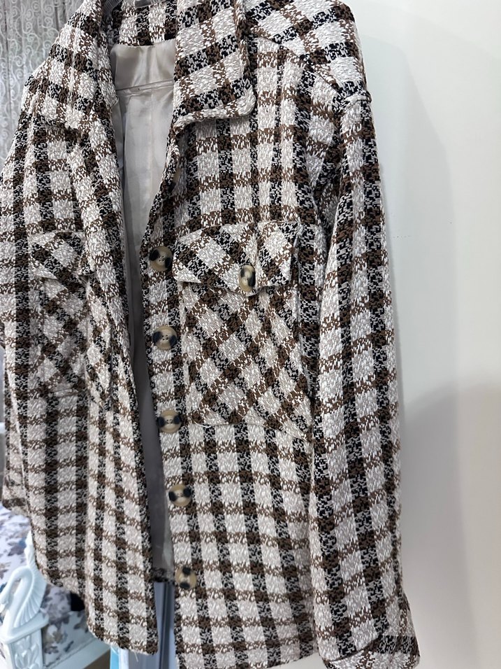 Düğmeli Kahverengi Kareli Midi Kadın ceket - Görsel 5