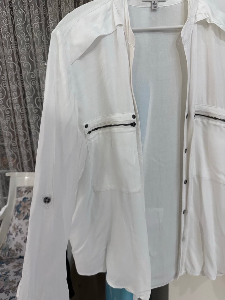 Kadın Beyaz Pamuklu Uzun Kollu Gömlek - Görsel 3