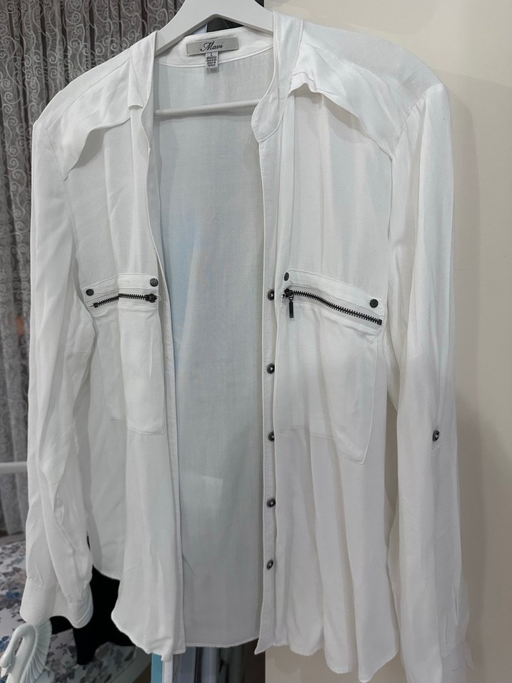 Kadın Beyaz Pamuklu Uzun Kollu Gömlek - Görsel 5