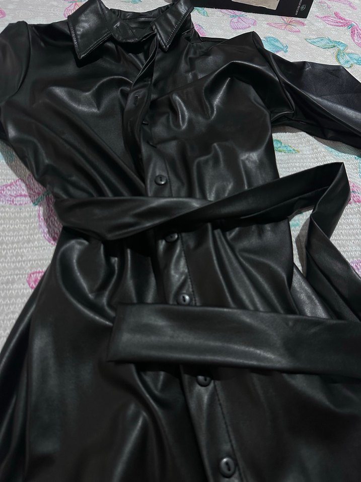 Kadın Siyah Deri Kuşaklı Uzun Ceket - Görsel 2
