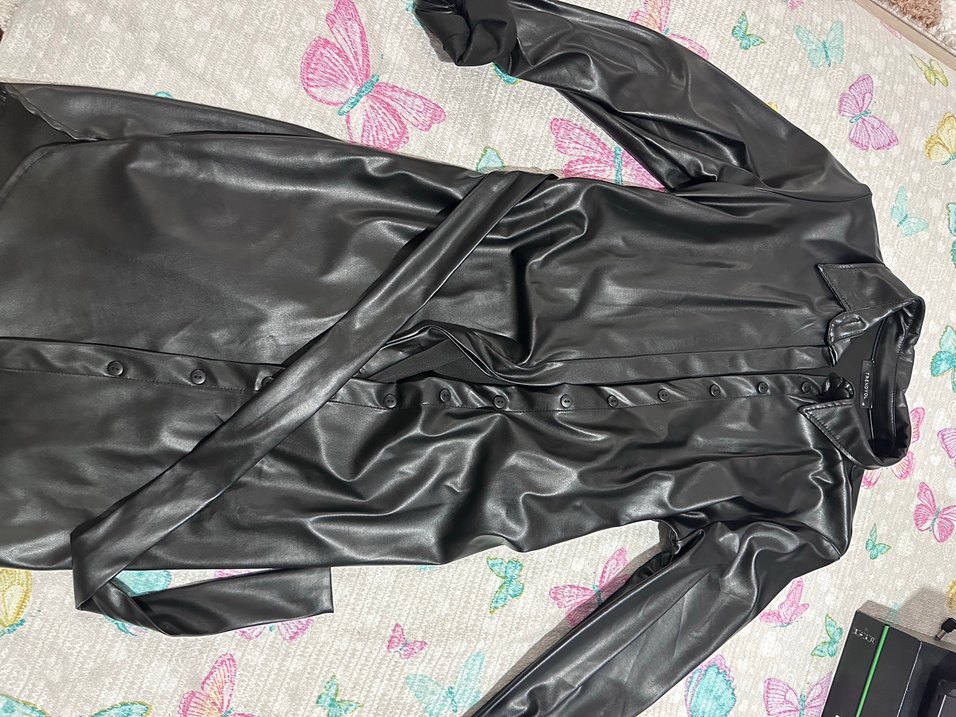 Kadın Siyah Deri Kuşaklı Uzun Ceket - Görsel 5