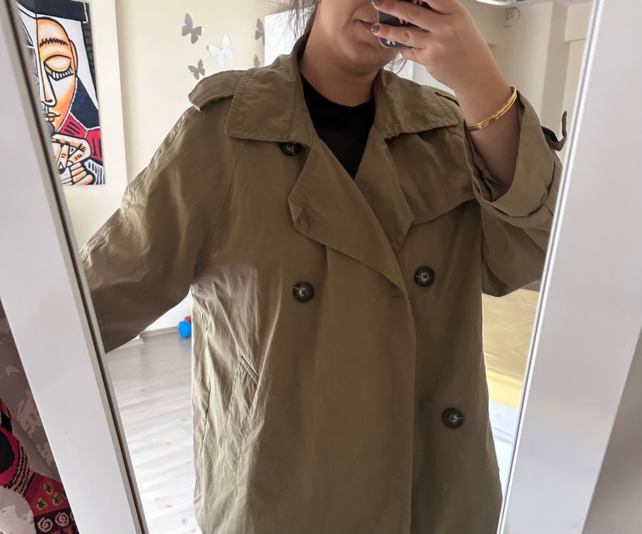 Düğmeli Bej Midi Keten Kadın Trençkot - Görsel 3