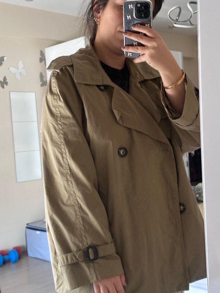 Düğmeli Bej Midi Keten Kadın Trençkot - Görsel 5