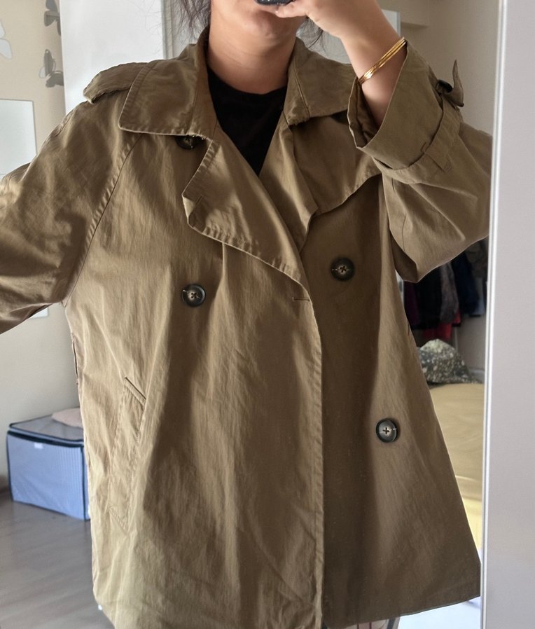 Düğmeli Bej Midi Keten Kadın Trençkot - Görsel 4