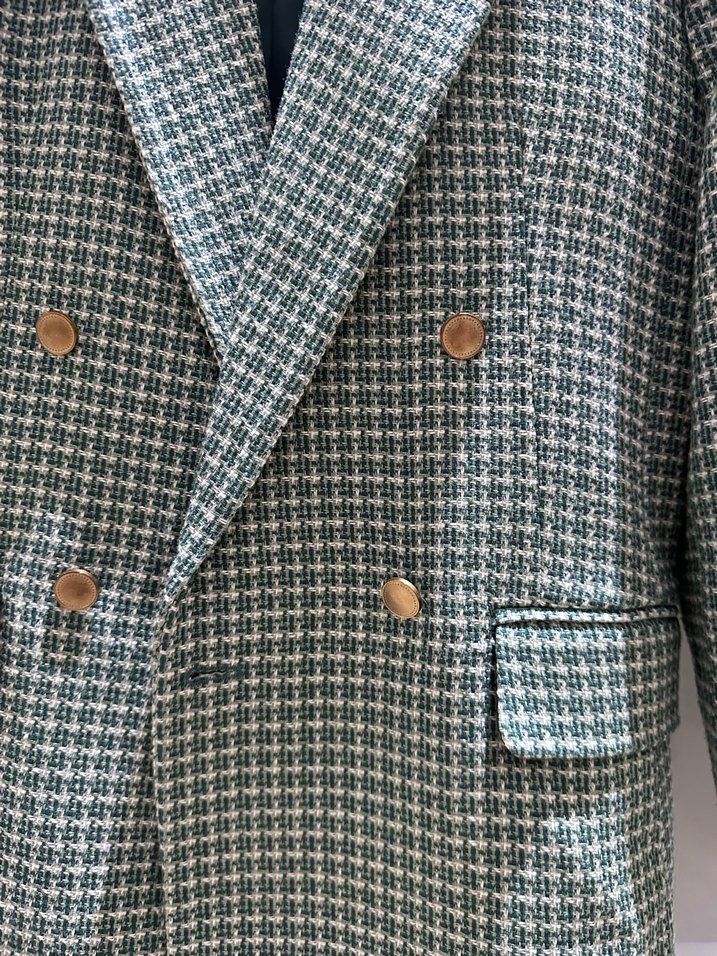 Düğmeli Gri Kareli Midi Kadın Blazer - Görsel 4