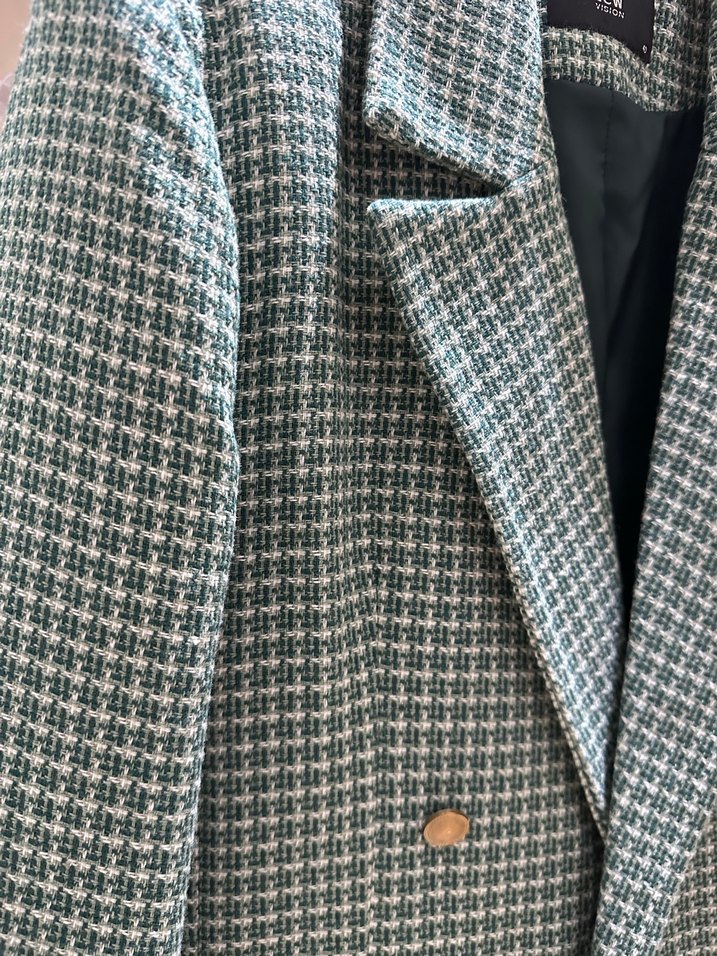 Düğmeli Gri Kareli Midi Kadın Blazer - Görsel 2