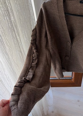 Düğmeli Kahverengi Triko Kadın Hırka - Görsel 3