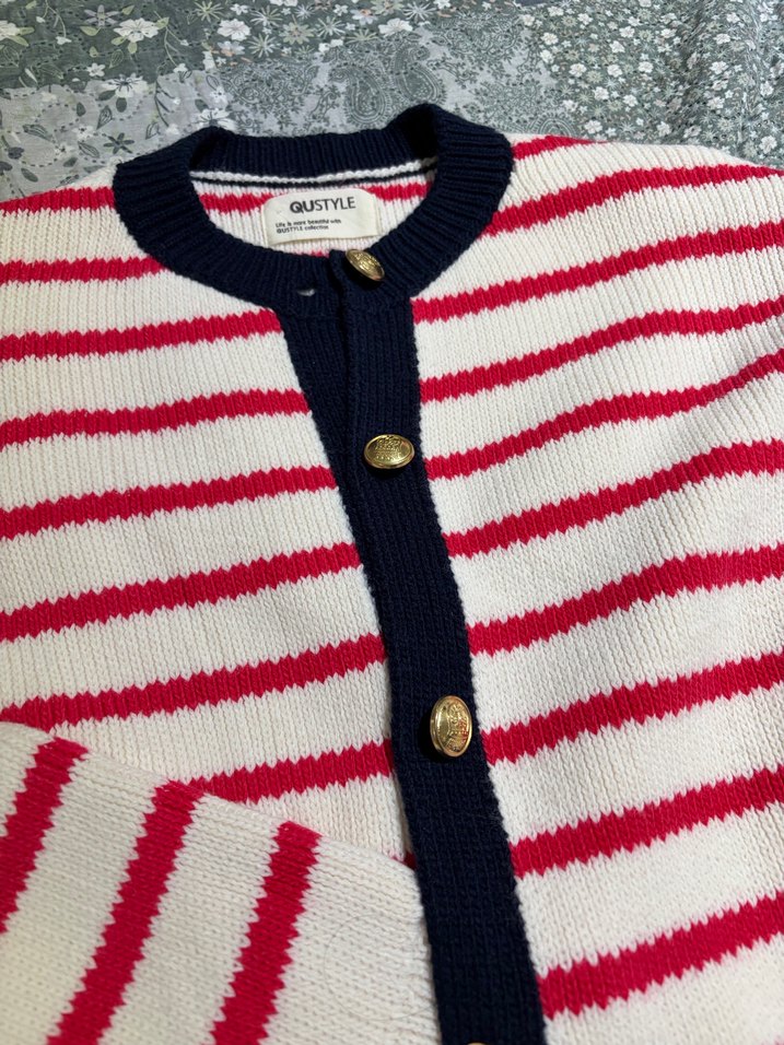 Düğmeli Çizgili Triko Kadın Hırka - Görsel 2