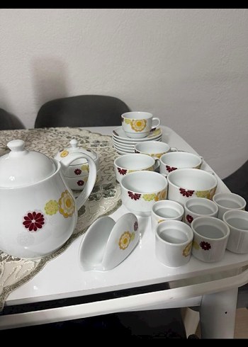 Çiçek Desenli Beyaz Porselen Çay Seti - Görsel 3