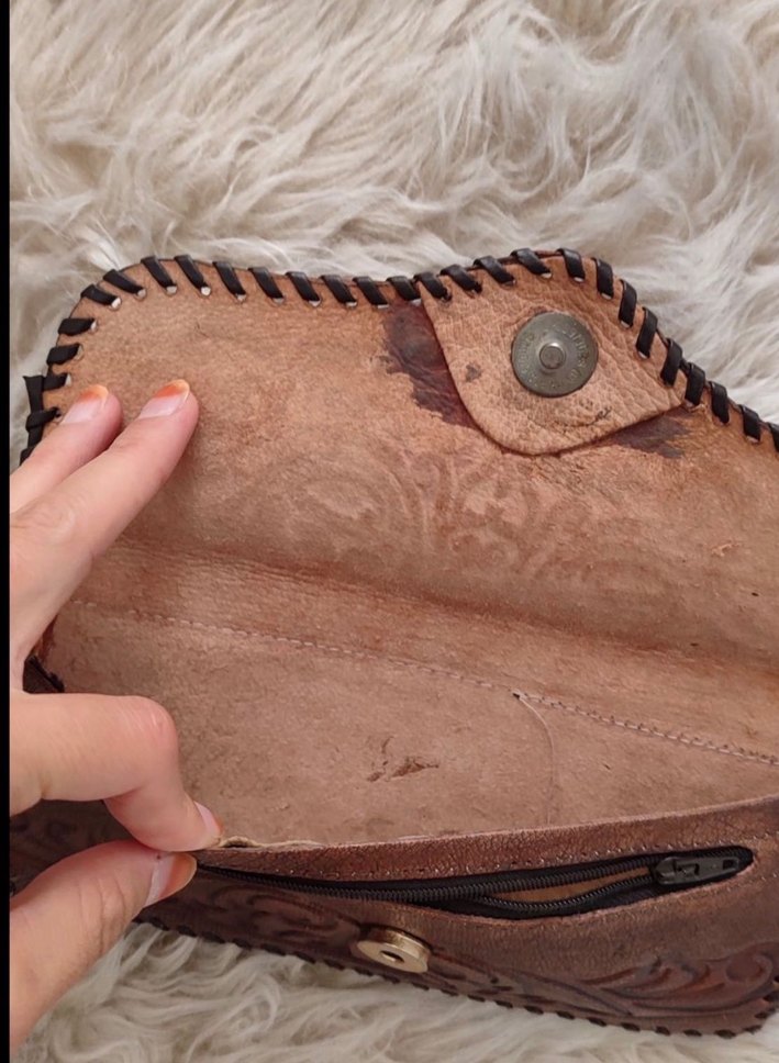 Kahverengi Nakışlı Deri Bohem Kadın Cüzdanı - Görsel 4