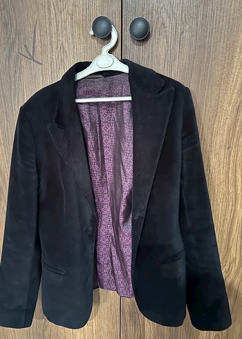 Kadın Siyah kadife Düğmeli Blazer Ceket - Görsel 2