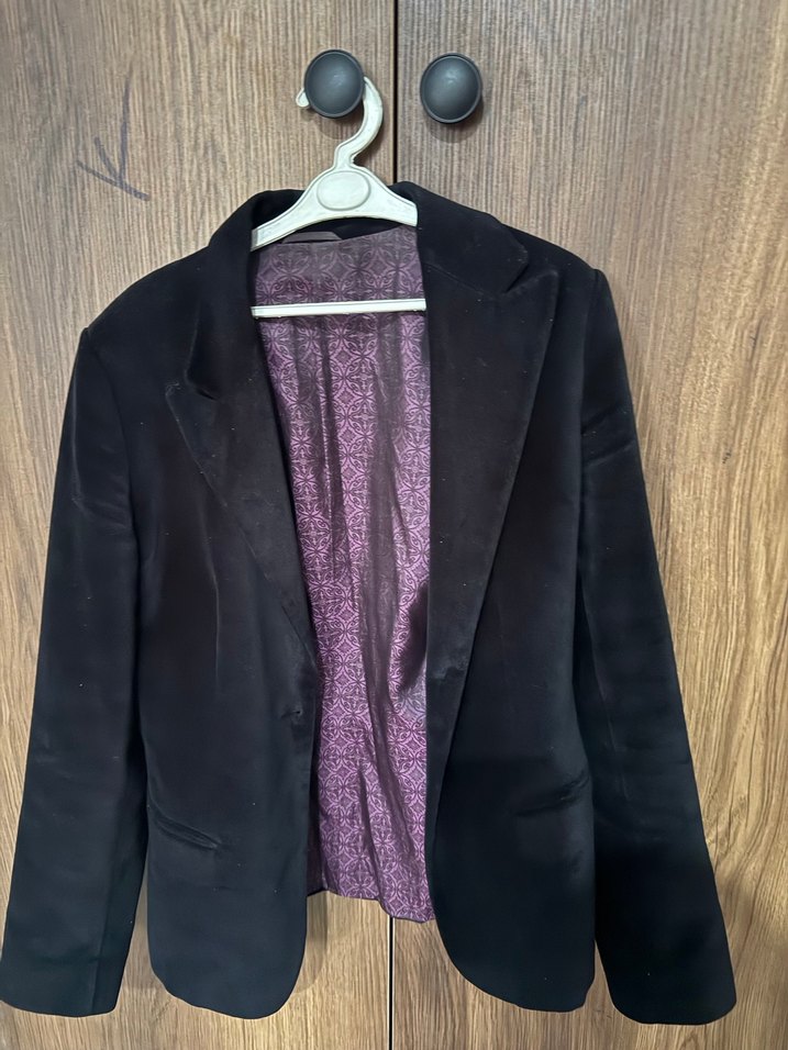 Kadın Siyah kadife Düğmeli Blazer Ceket - Görsel 2