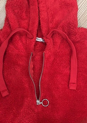 Kapüşonlu Kırmızı Fermuarlı Kadın Sweatshirt - Görsel 3