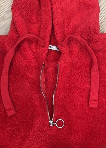 Kapüşonlu Kırmızı Fermuarlı Kadın Sweatshirt - Görsel 2