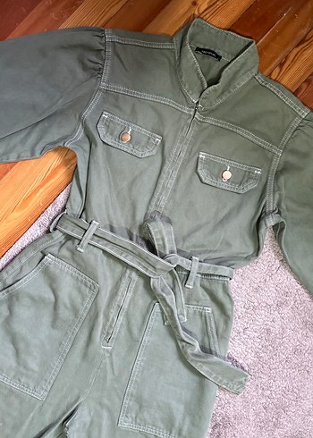 Kadın Haki Denim Kuşaklı Tulum - Görsel 2