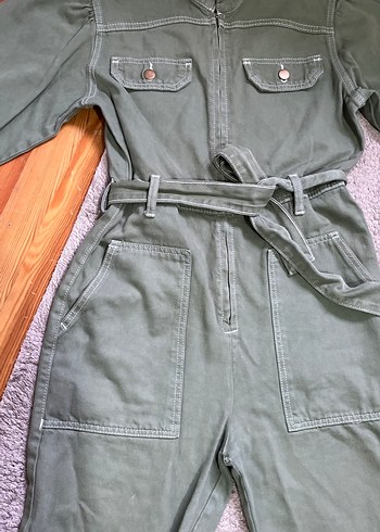 Kadın Haki Denim Kuşaklı Tulum - Görsel 3