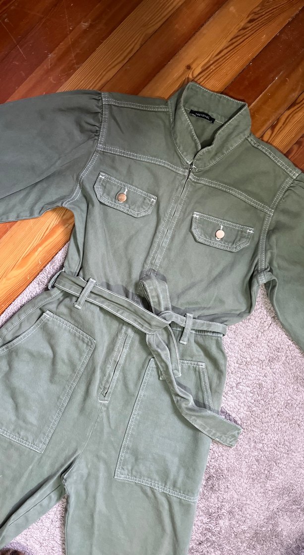 Kadın Haki Denim Kuşaklı Tulum - Görsel 2