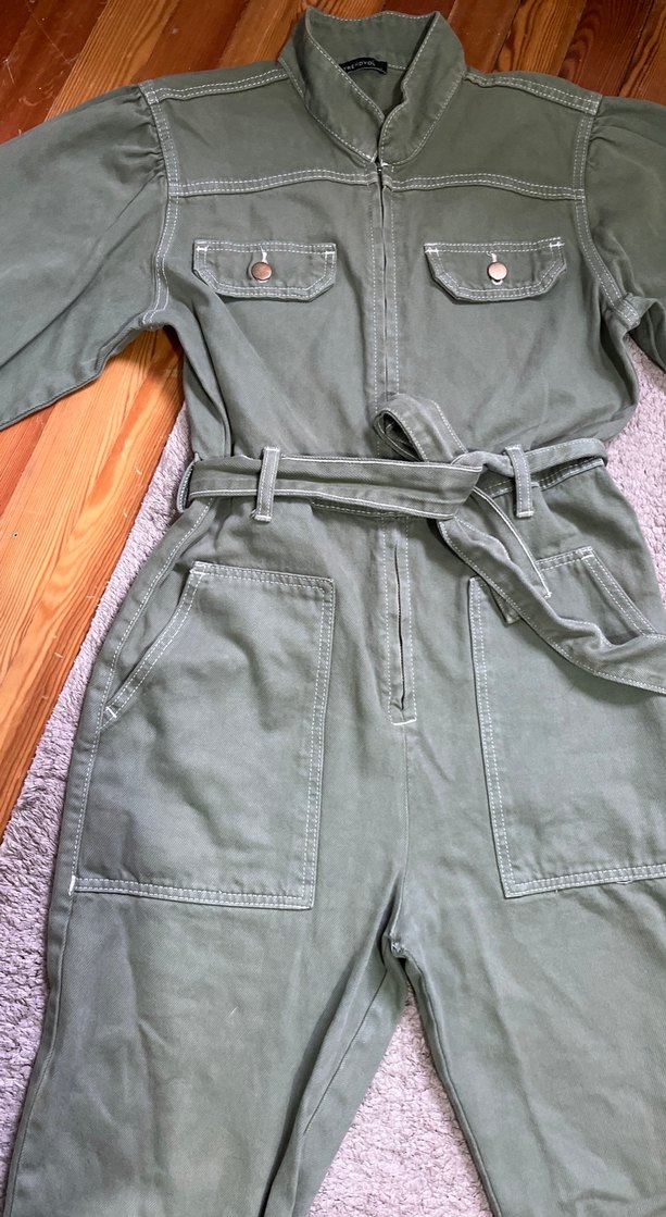 Kadın Haki Denim Kuşaklı Tulum - Görsel 3