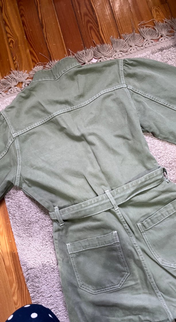 Kadın Haki Denim Kuşaklı Tulum - Görsel 4