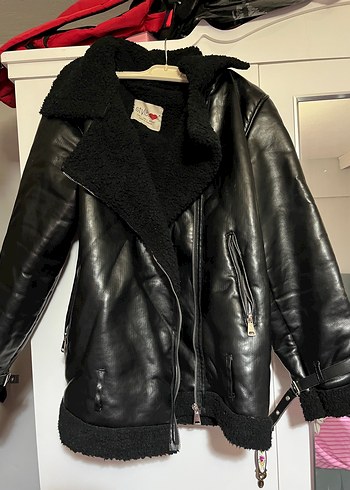 Siyah Kürklü Deri Biker Ceket