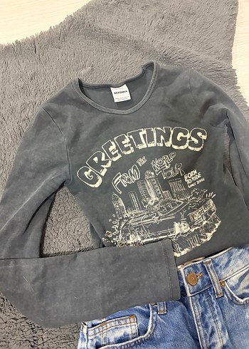 Kadın Gri Baskılı Uzun Kollu Crop - Görsel 2