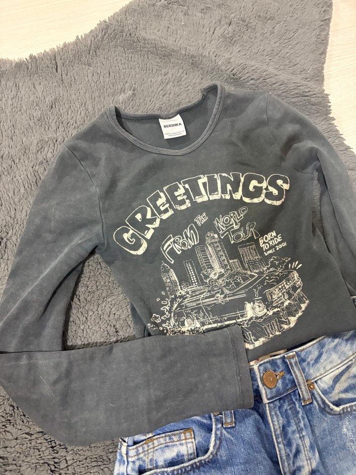 Kadın Gri Baskılı Uzun Kollu Crop - Görsel 2